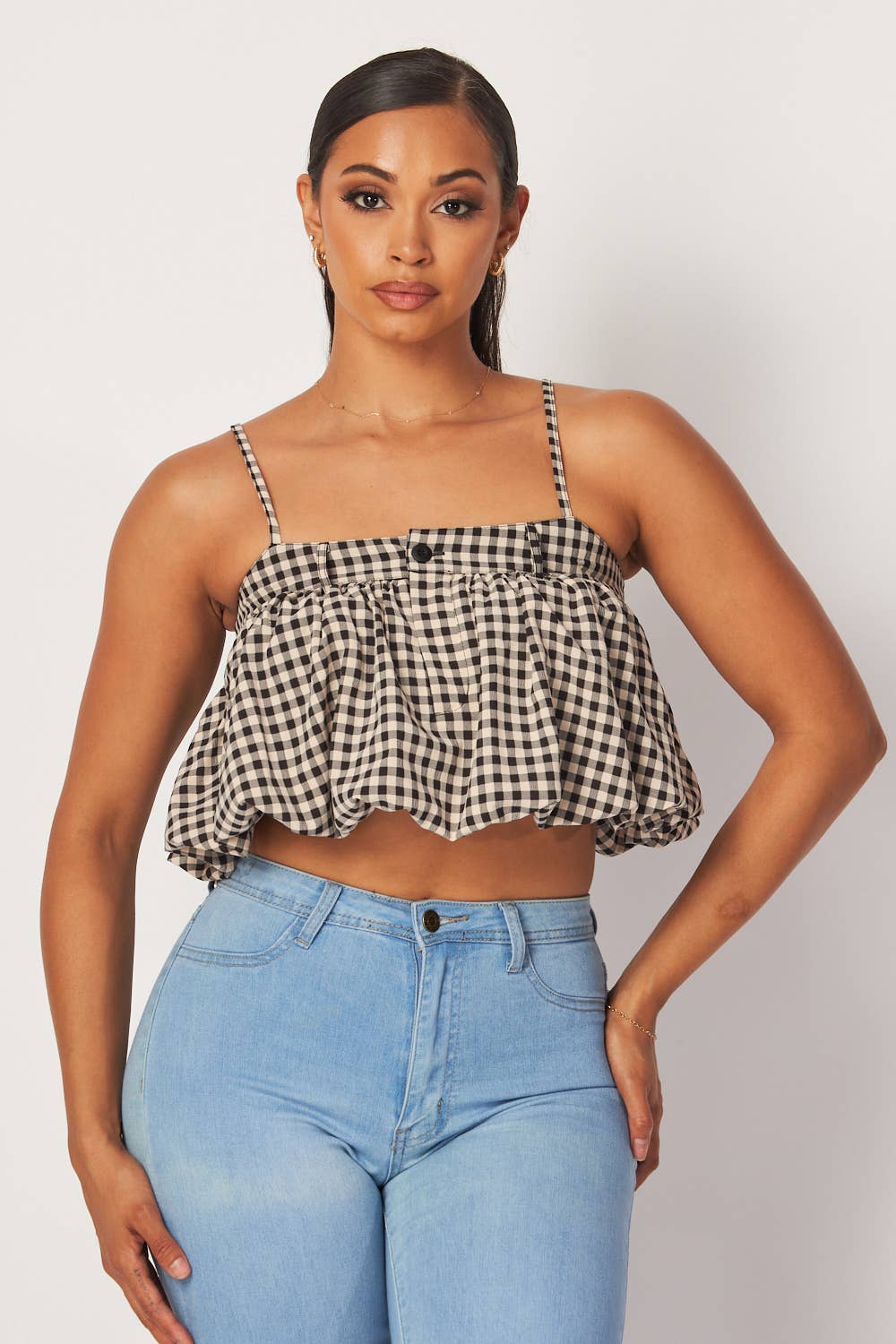 Georgina Sleeveless Gingham Bubble Crop Top (HDT32761)