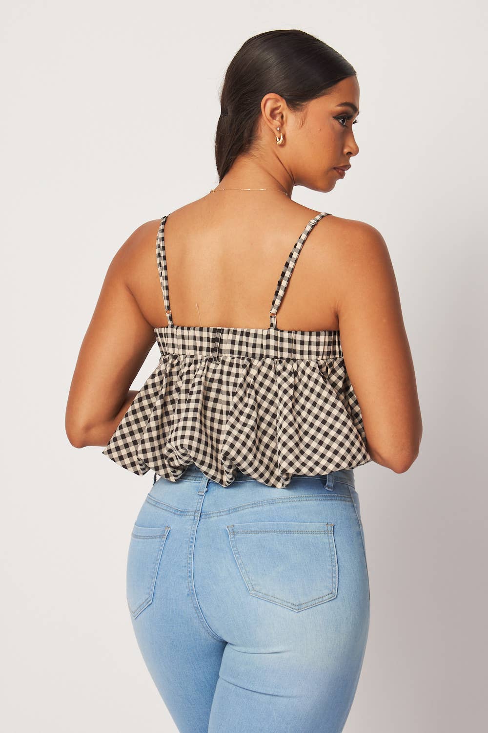 Georgina Sleeveless Gingham Bubble Crop Top (HDT32761)