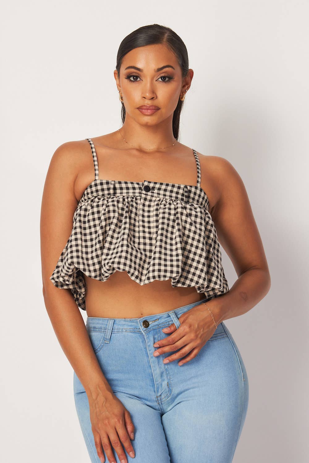 Georgina Sleeveless Gingham Bubble Crop Top (HDT32761)