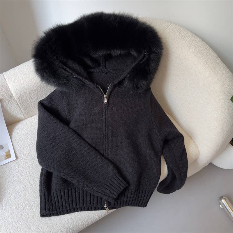 JK283 Hooded Knit Fur-Trim Jacket – Cozy Luxe Fall/Winter