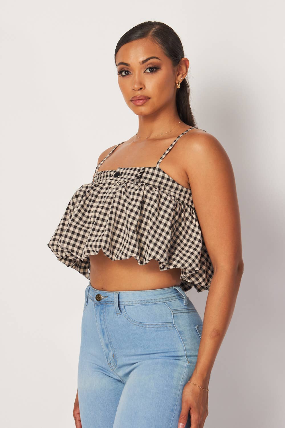 Georgina Sleeveless Gingham Bubble Crop Top (HDT32761)
