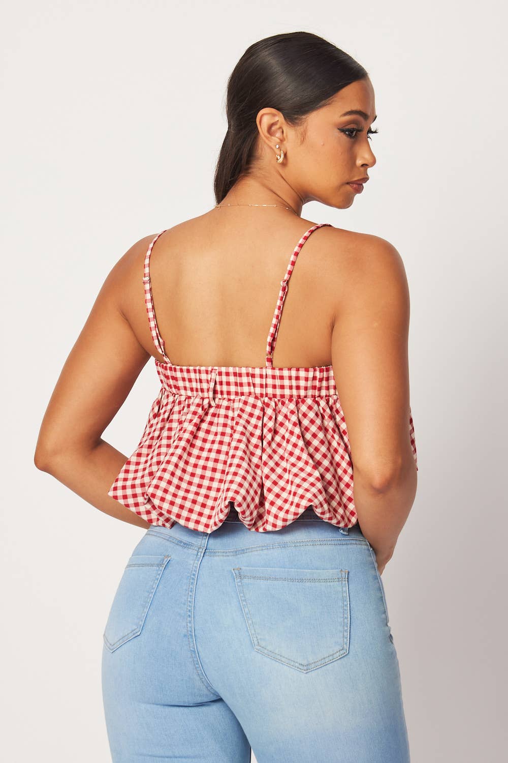 Georgina Sleeveless Gingham Bubble Crop Top (HDT32761)