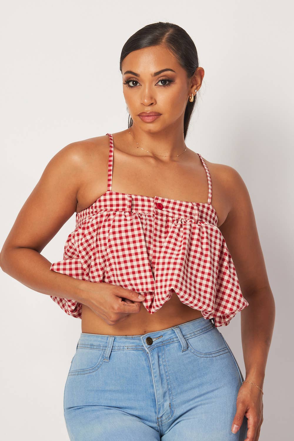 Georgina Sleeveless Gingham Bubble Crop Top (HDT32761)
