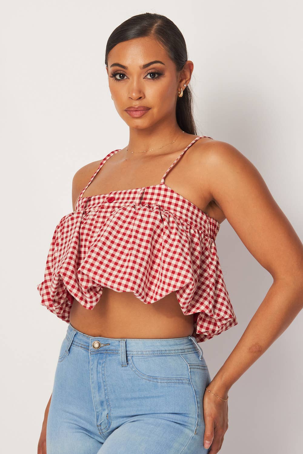Georgina Sleeveless Gingham Bubble Crop Top (HDT32761)