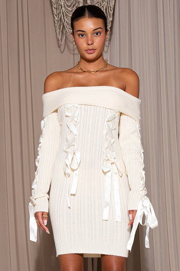 Ribbon Lace-Up Off-Shoulder Sweater Dress