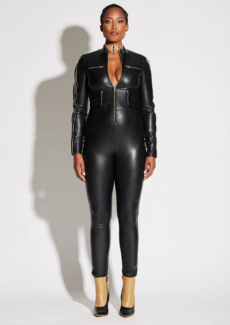 Vegan Leather Zipper Jumpsuit