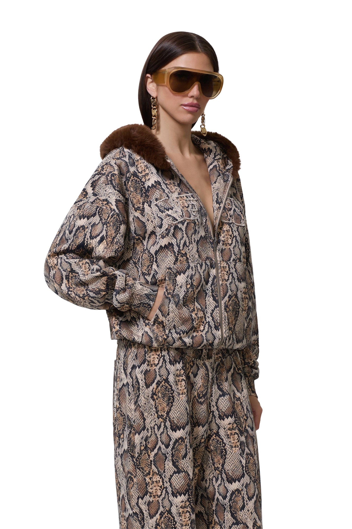 Oren Zip Up Fur Hoodie Set- Sand Serpent