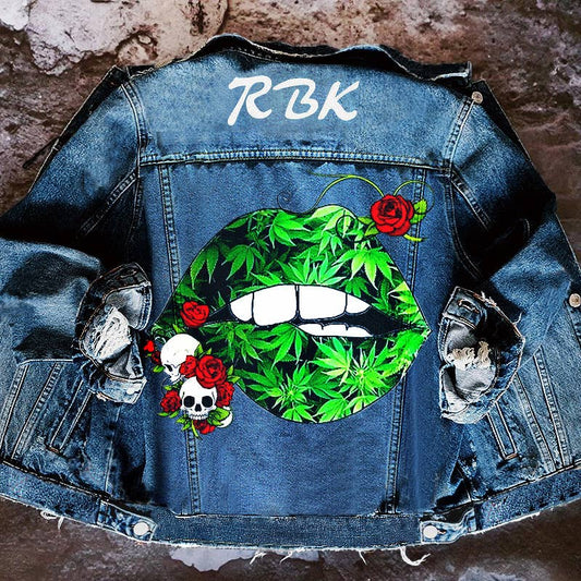 Women's skull rose green lips denim jacket