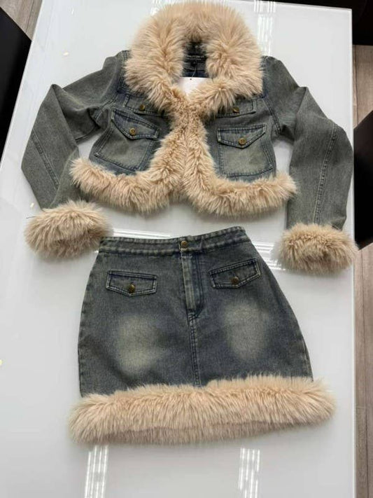 Faux Fur Denim Set